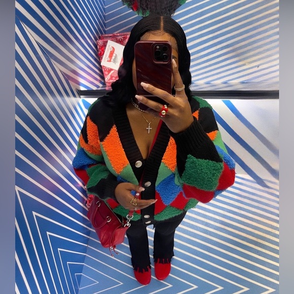 Colorblock Fuzzy Button Cardigan - Multicolor - Picture 2 of 4